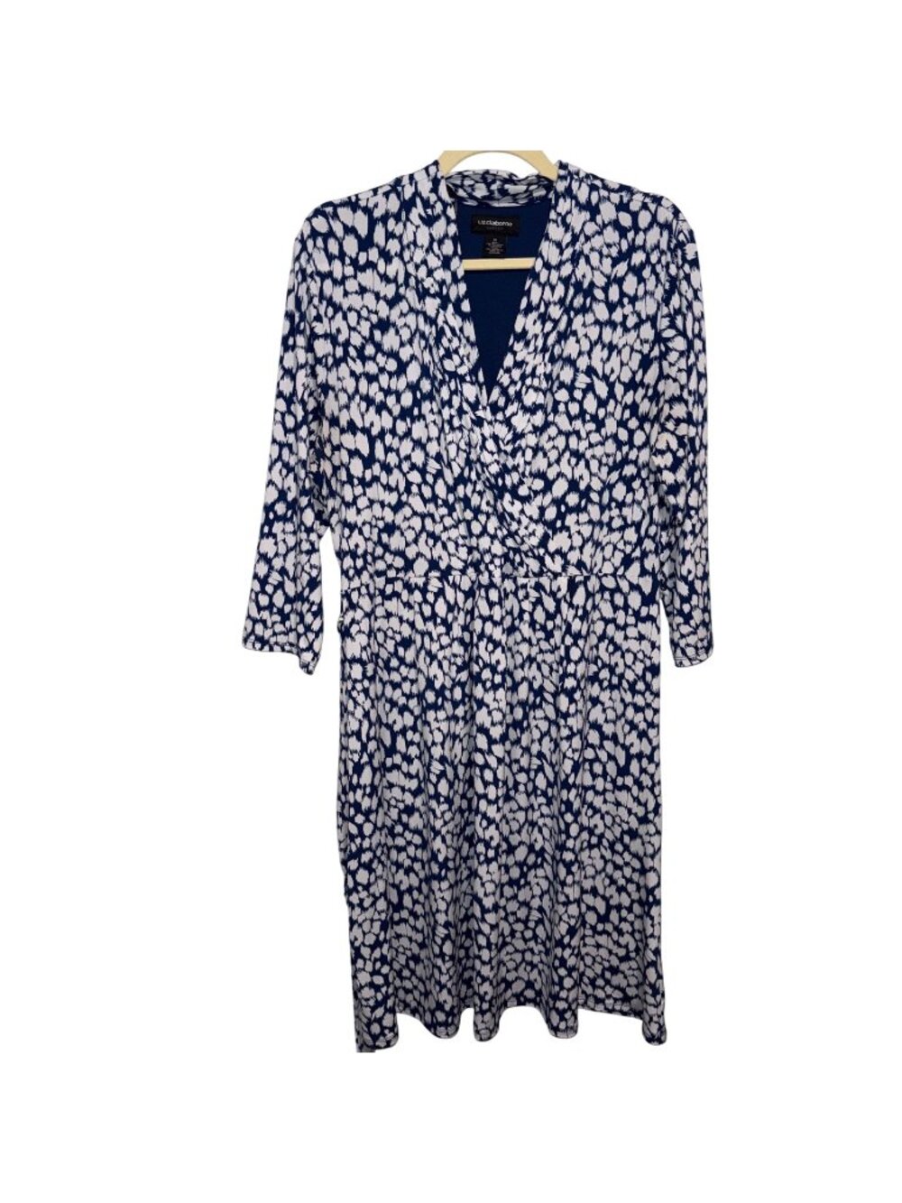 Liz Claiborne Womens XL Blue & White Dress V-Neck 3/4 Sleeve
